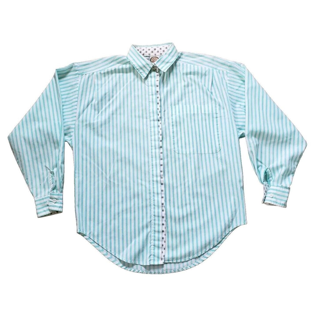 Vintage USA Made Picket And Post Striped Shirt Coral Green And White Petite Sz S